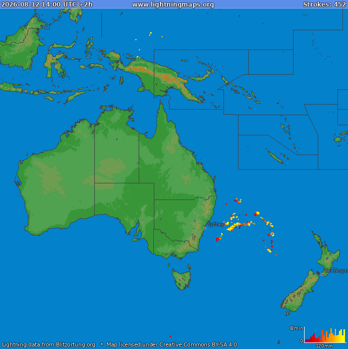 Mapa wyładowań Oceania 2026-08-12 (Animacja)