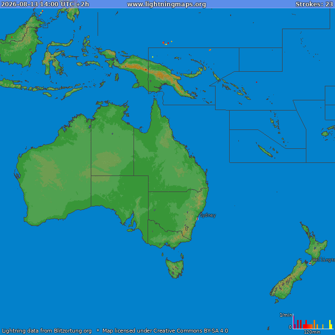 Mapa blesků Oceania 13.08.2026 (Animace)
