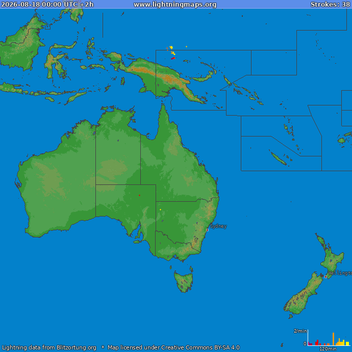 Mapa blesků Oceania 18.08.2026 (Animace)