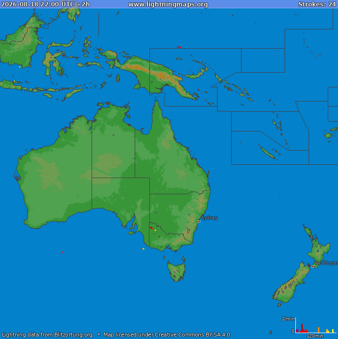 Mappa dei fulmini Oceania 18.08.2026 (Animazione)