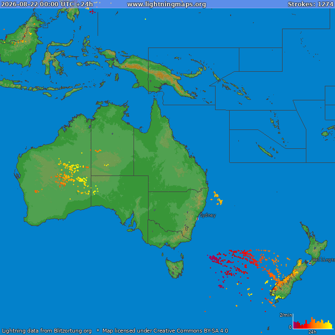 Mappa dei fulmini Oceania 22.08.2026