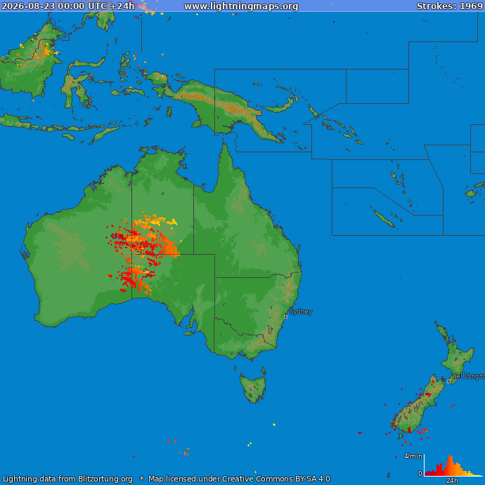 Mapa bleskov Oceania 23.08.2026
