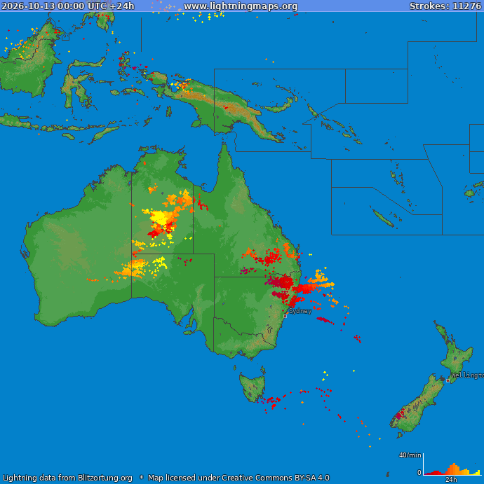 Mapa bleskov Oceania 13.10.2026