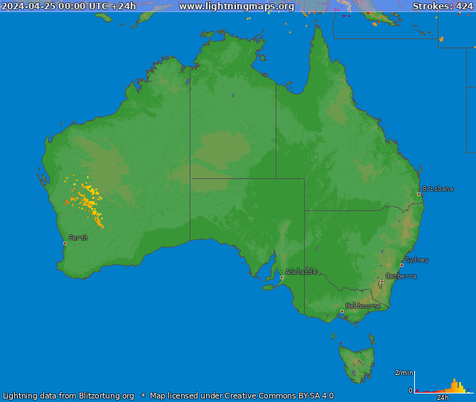 Mapa bleskov Australia 25.04.2024