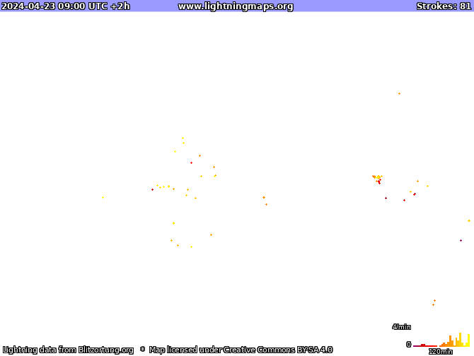 Mapa blesků Indonézie 23.04.2024 (Animace)