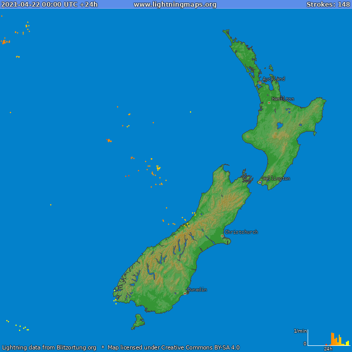 Bliksem kaart Nieuw Zealand 22.04.2021