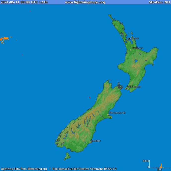 Bliksem kaart Nieuw Zealand 11.05.2021