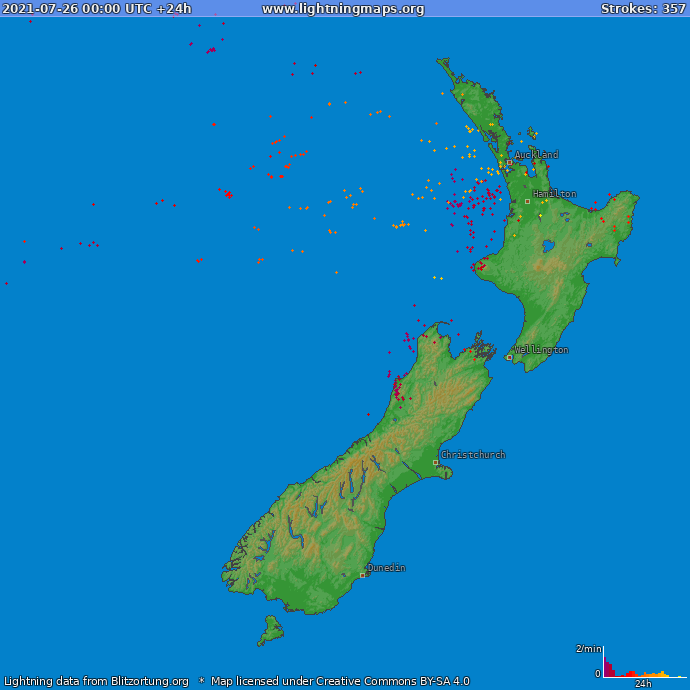 Bliksem kaart Nieuw Zealand 26.07.2021