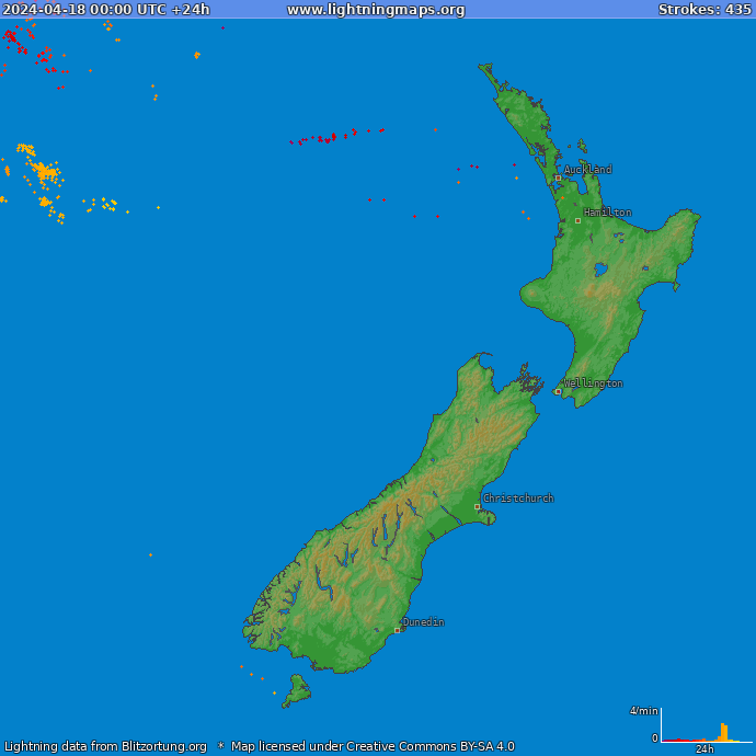 Bliksem kaart Nieuw Zealand 18.04.2024