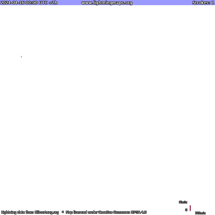 Карта блискавок Нова Зеландія 16.04.2024 (Анімація)