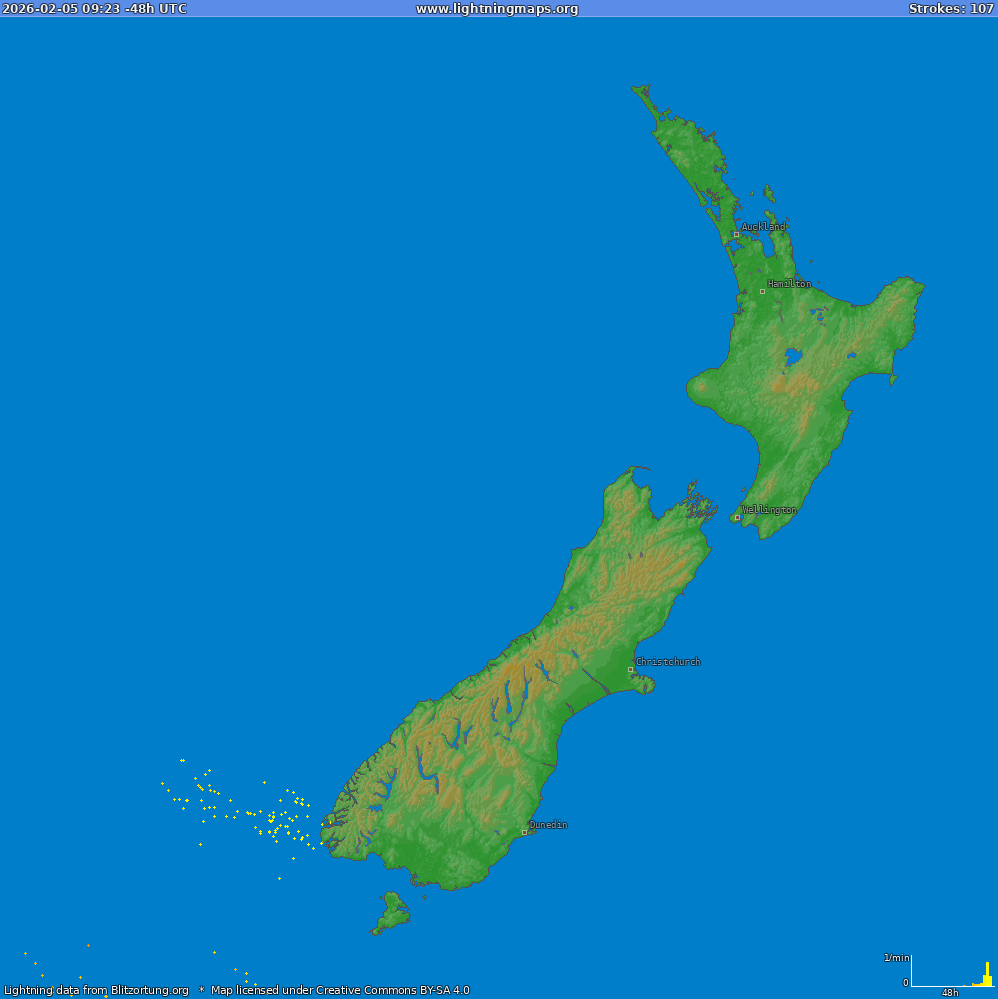 Lightning map New Zealand (Big) 2026-02-05 07:50:03 UTC