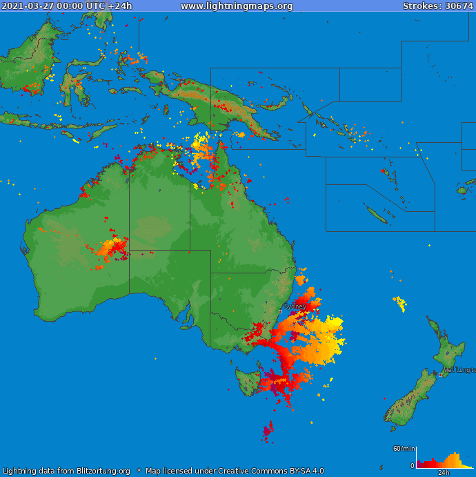 Mapa bleskov Oceania 27.03.2021