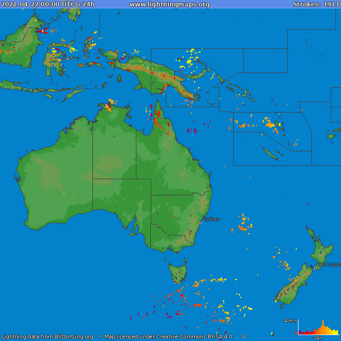 Mapa wyładowań Oceania 2021-04-22