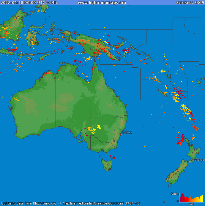 Mapa bleskov Oceania 18.04.2022