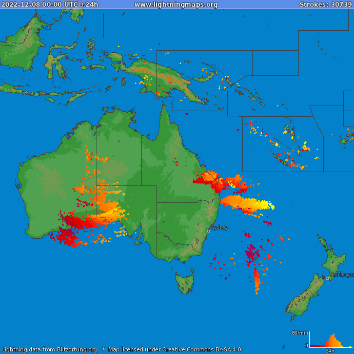 Mapa wyładowań Oceania 2022-12-08