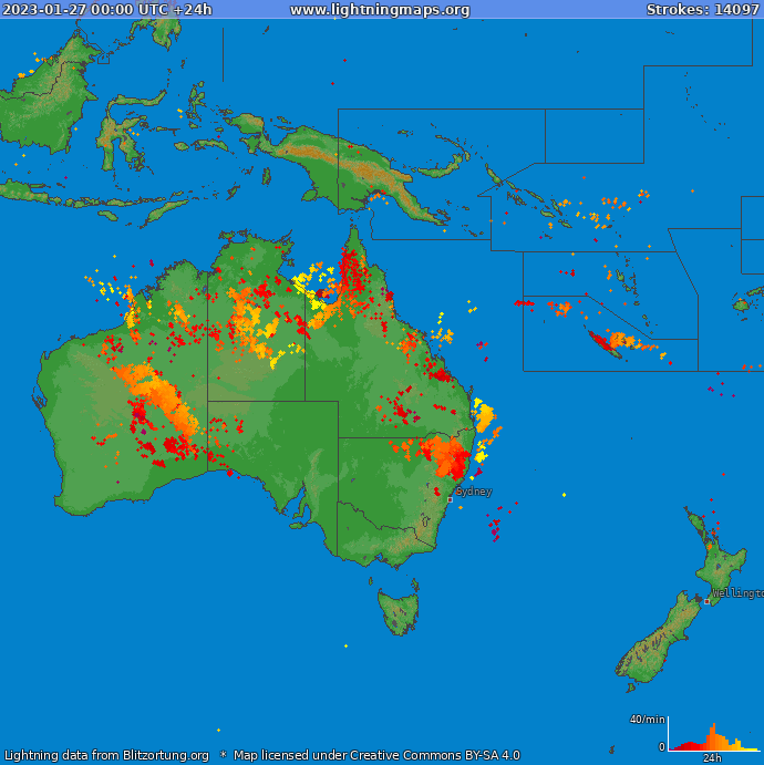 Mapa wyładowań Oceania 2023-01-27