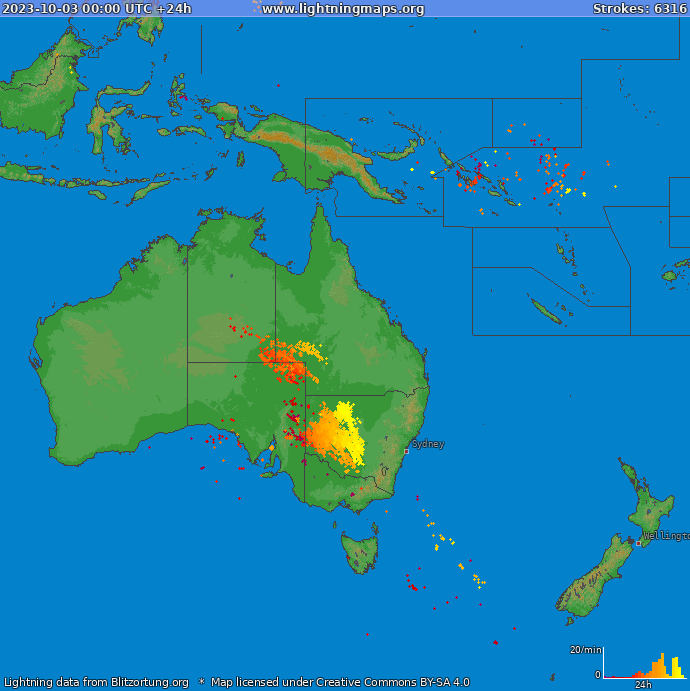 Mapa blesků Oceania 03.10.2023