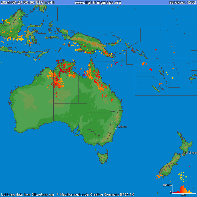 Mapa wyładowań Oceania 2024-03-27
