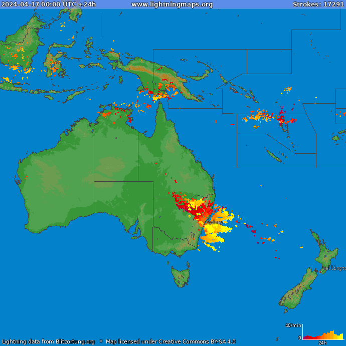 Mapa wyładowań Oceania 2024-04-17