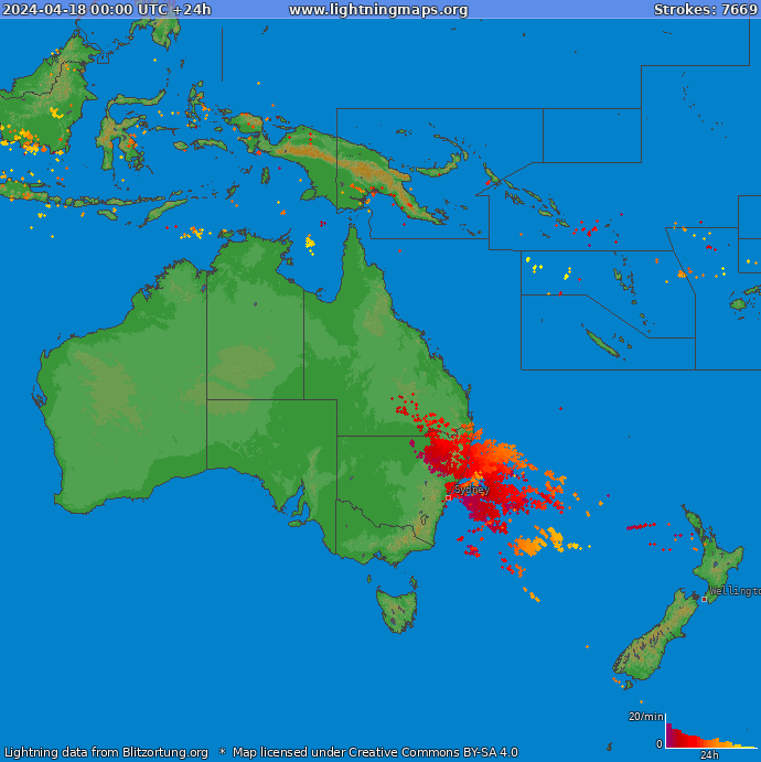 Mapa wyładowań Oceania 2024-04-18