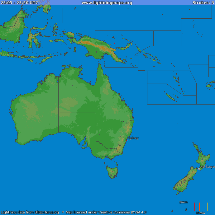 Mapa bleskov Oceania 06.07.2024 18:20:07 UTC