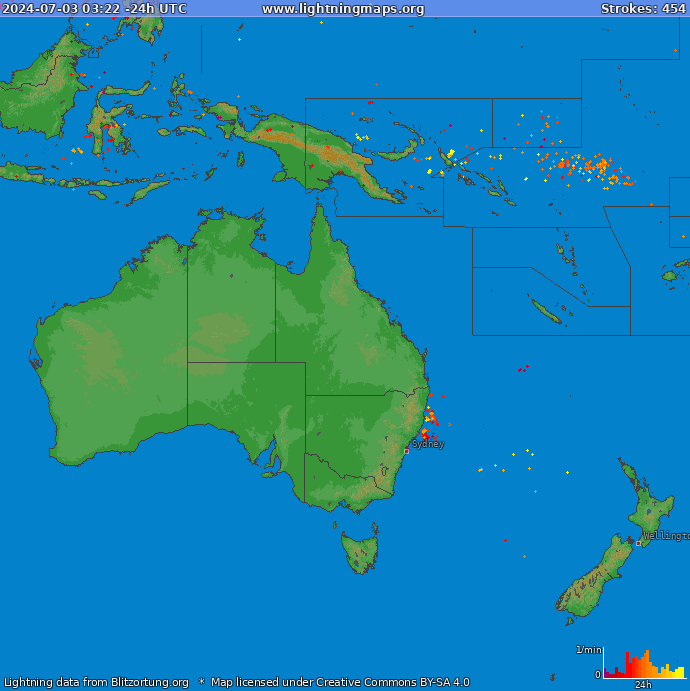 Mapa bleskov Oceania 06.07.2024 11:10:10 UTC